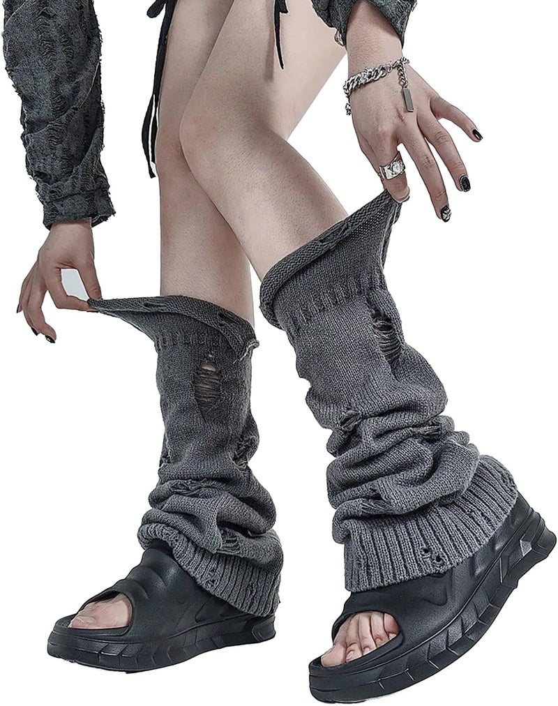 IKIOU Gothic Distressed Leg Warmers, Black White Gray, Knit Material, One Size, Y2K Alternative Fashion Style, Slouchy Design - Image 1